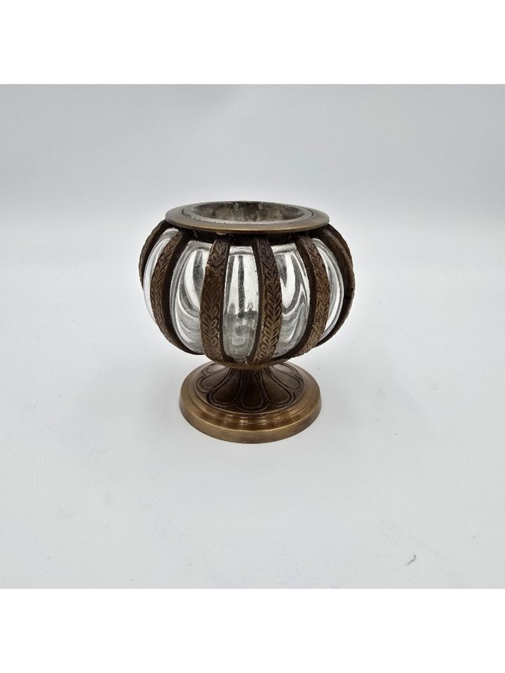 Asian Vintage Brass & Bubble Pedestal Vase With Ornamental Design Clear & Brown